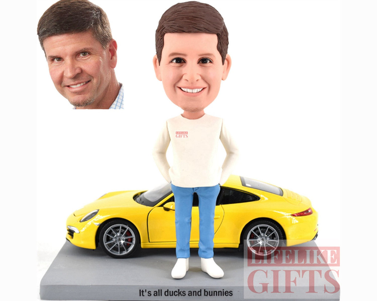 Custom Bobblehead with Sports Car, Personalized Cake Topper, Gift for Car Fans