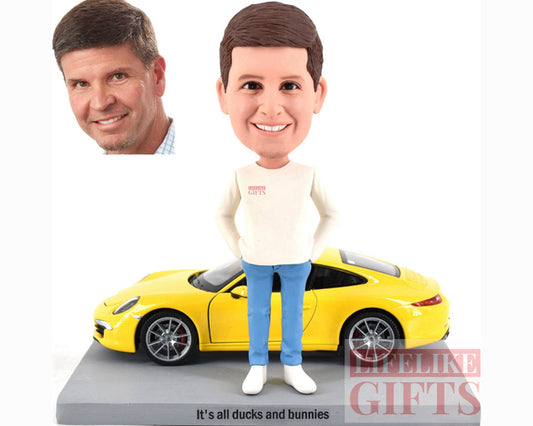 Custom Bobblehead with Sports Car, Personalized Cake Topper, Gift for Car Fans
