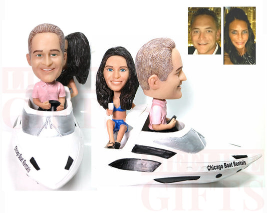 Custom Couple Bobbleheads on Yacht, Unique Anniversary Cake Topper