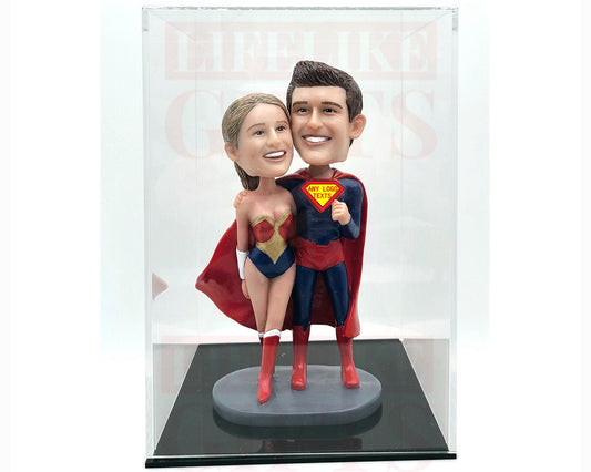 Custom Superhero couple bobbleheads unique wedding cake toppers anniversary gifts for couples wedding bobbleheads with Acrylic show box