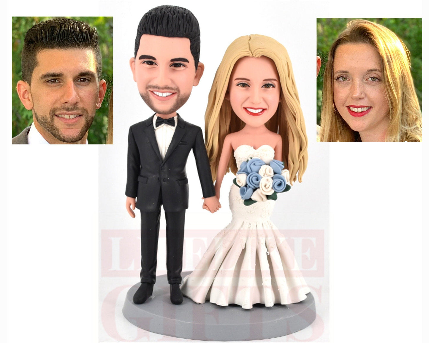 Custom cake toppers wedding bobbleheads personalized bride groom wedding cake toppers figurines holding bouquet with Acrylic show box