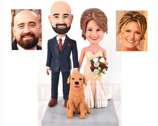 Custom Wedding Cake Toppers: Couple Bobbleheads with Pets