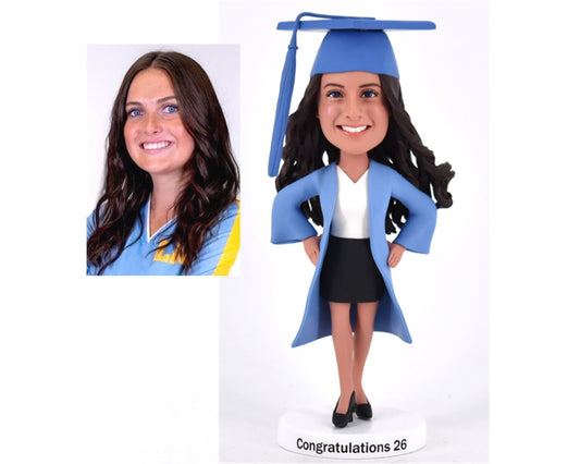 Custom Bobbleheads for graduation season, personalized bobblehead gifts for graduates, custom figurines in graduation gown and hat