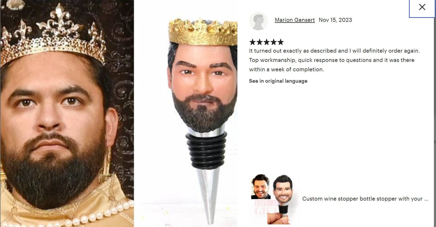Custom Sculpted Head Wine Stopper, Personalized Resin Bottle Topper, Company party gift ideas