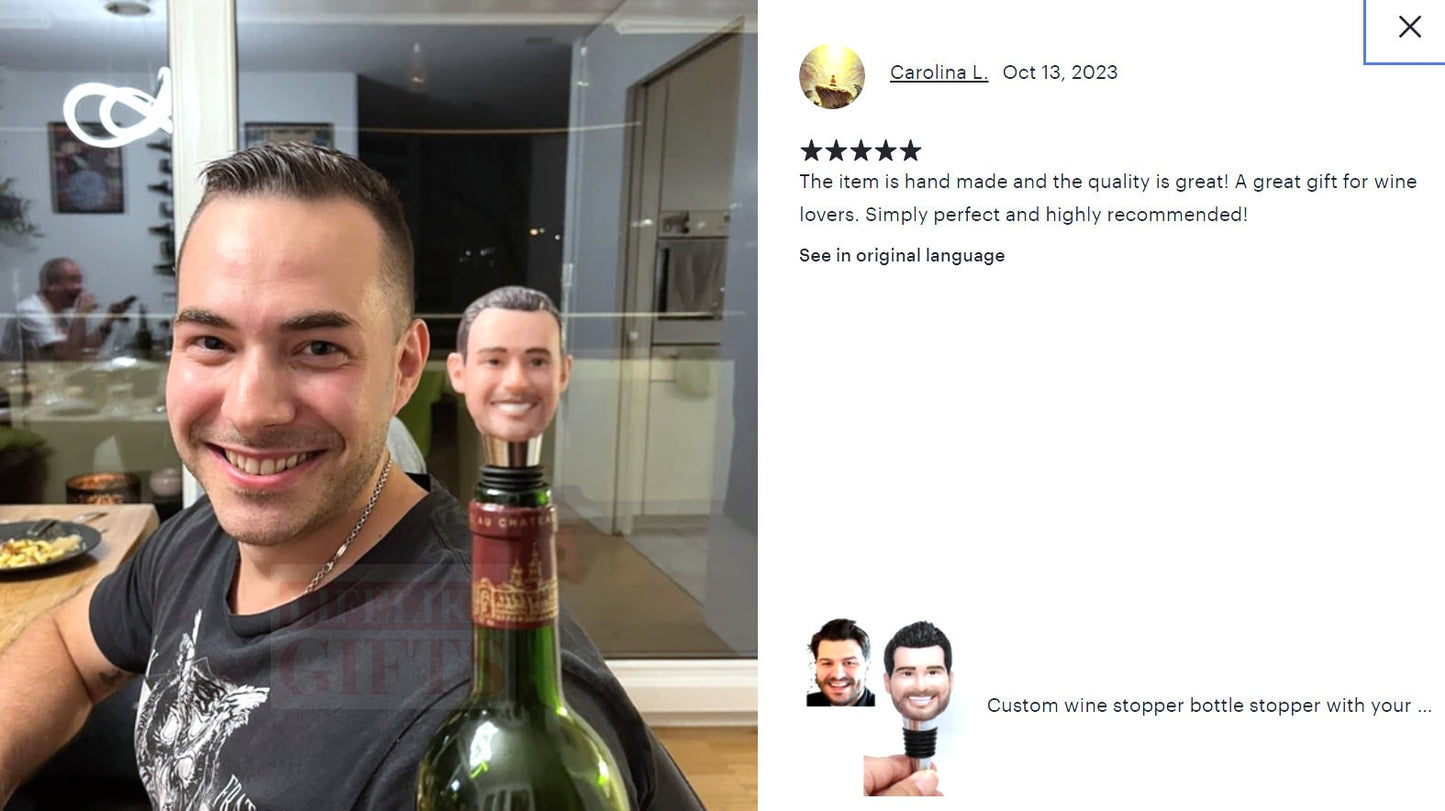 Custom Sculpted Head Wine Stopper, Personalized Resin Bottle Topper, Company party gift ideas