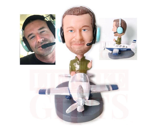 Custom Pilot Bobblehead on Plane: Personalized Retirement Gift