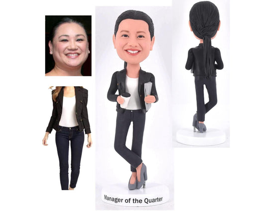 Office lady Custom Bobbleheads holding a coffee mug and laptop, retirement gifts for female boss, christmas/birthday gift for wife