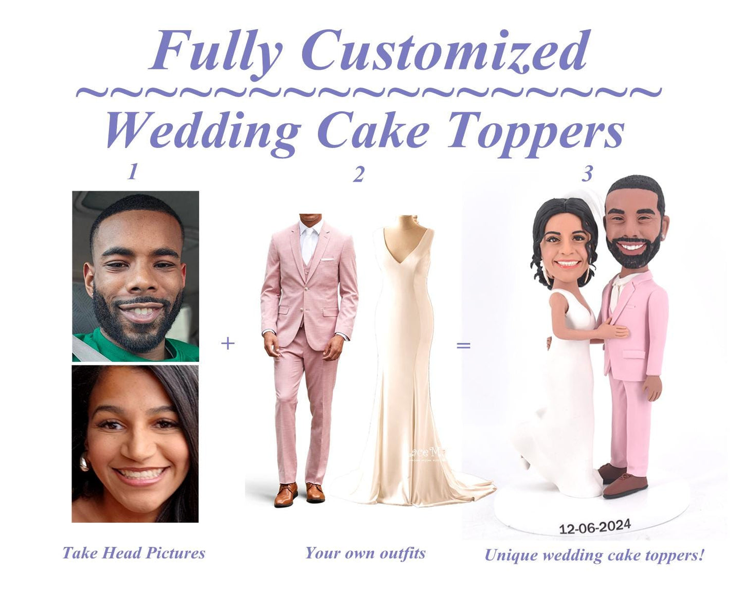 Couple bobblehead custom, wedding cake toppers, custom anniversary gifts, turn pictrues into reality, handmade bobbleheads for wedding