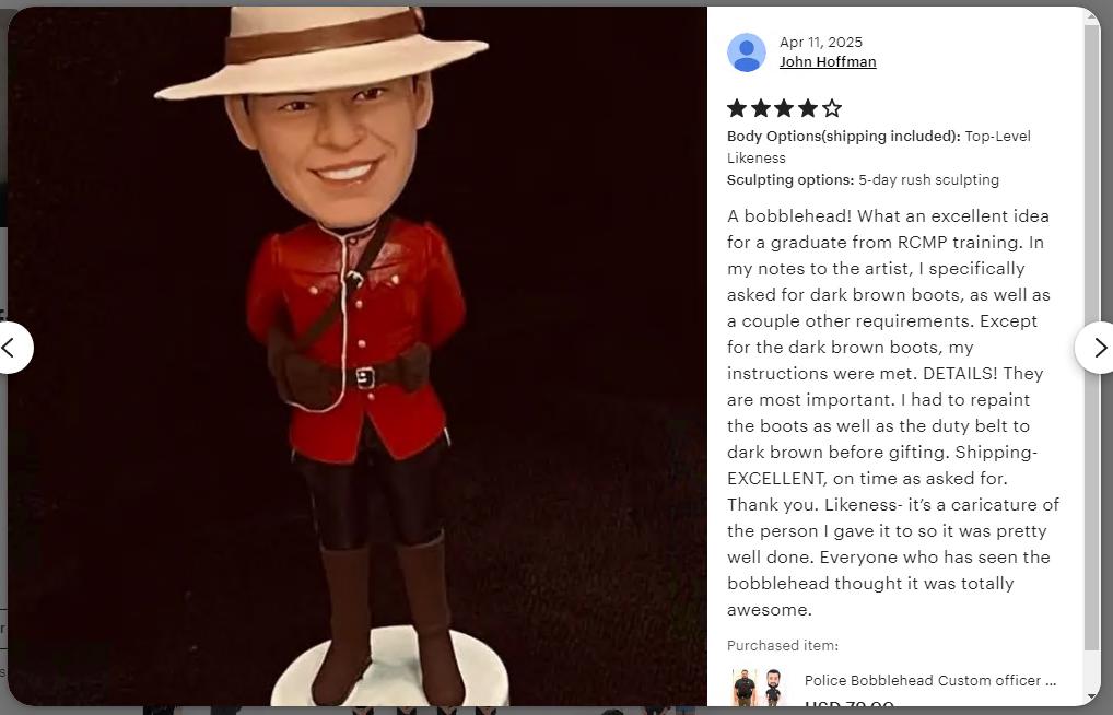 RCMP custom bobblehead, Constable officer retirement gift, custom Canadian police bobblehead, Royal Canadian mounted police cutom bobblehead