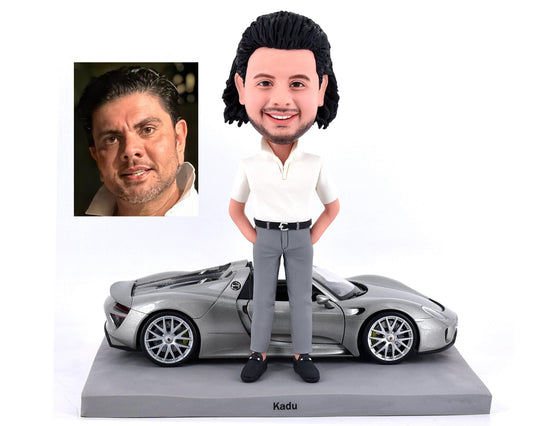 Custom Bobblehead with Sports Car, fun birthday gift for husband, Office desk decor, boss retirement gift