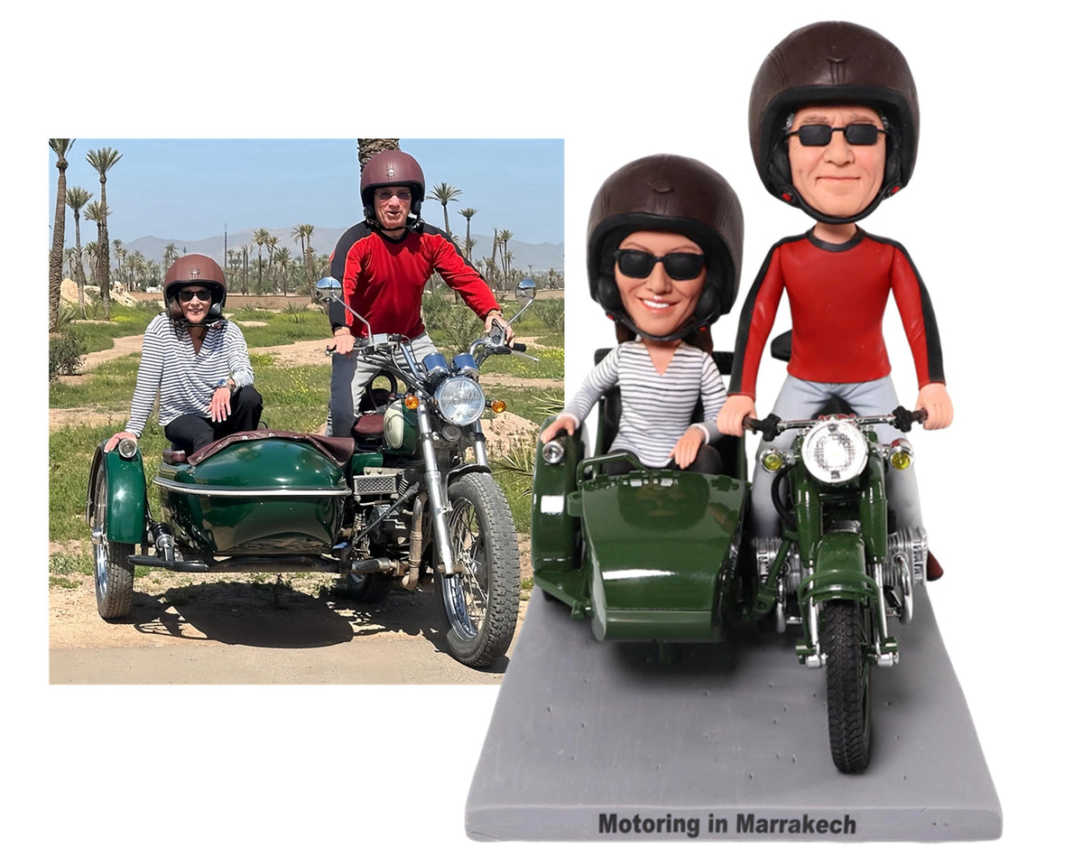 Couple anniversary bobbleheads, motorhead romantic keepsakes, biker wedding cake toppers