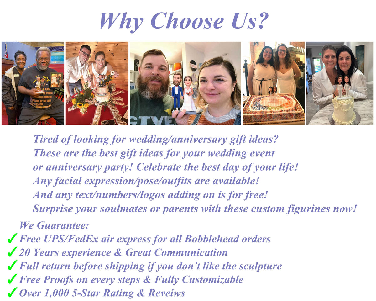 Custom Wedding Cake Toppers, custom couple anniversary bobbleheads, funny wedding keepsake for couples