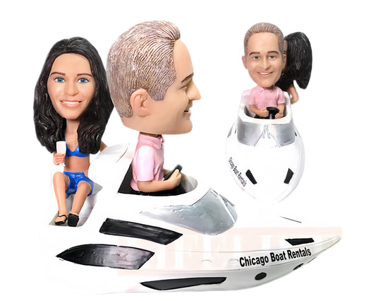 Custom Couple Bobbleheads on Yacht, Unique Anniversary collectable figurines, Handmade wedding cake toppers