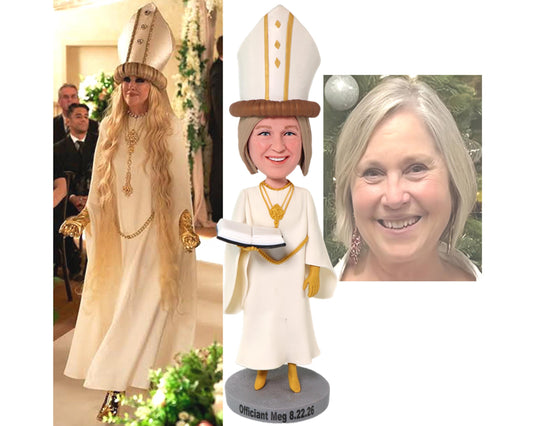 Custom Wedding officiant bobbleheads, with Moira Rose officiant outfit from Schitt's creek, custom priest/bishop bobblehead wedding proposal