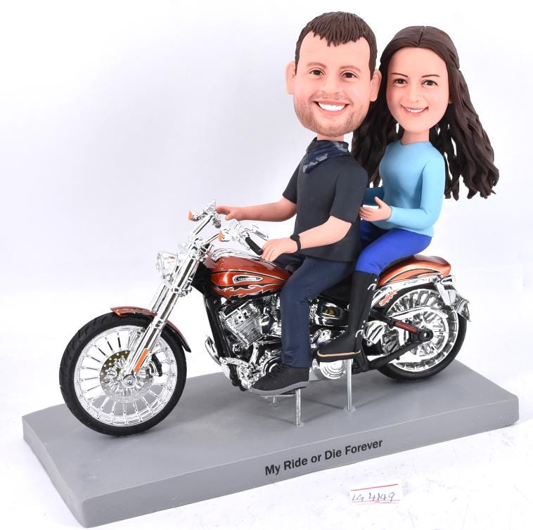 Couple anniversary bobbleheads, motorhead romantic keepsakes, biker wedding cake toppers