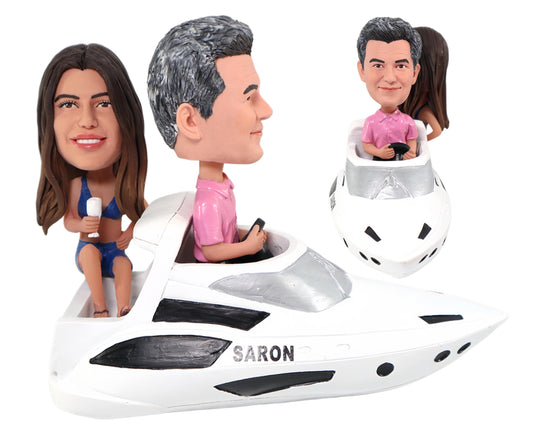 Personalized wedding cake toppers, Anniversary couples figurines driving yacht, custom Honeymoon Keepsakes