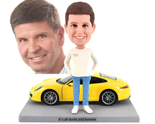 Custom Bobblehead with dream car, Personalized figurine with sports car, Gift for car guys, office/home decoration
