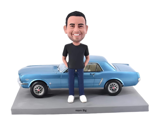 Custom bobblehead with Mustang, Muscle car fans figurine, custom statues with pony car