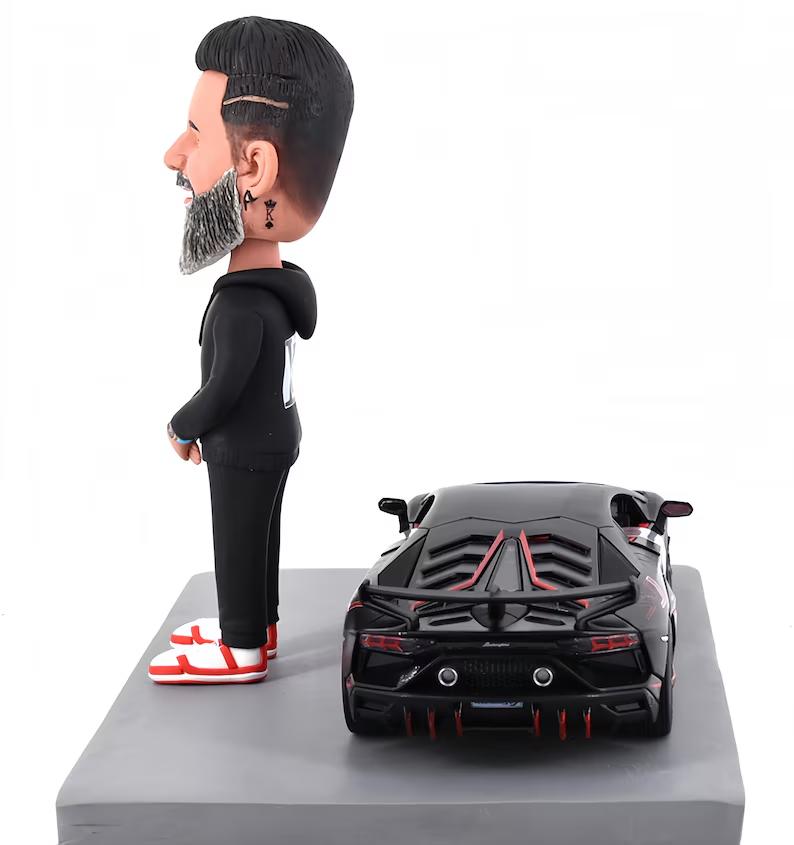 Custom Bobblehead with Lamborghini, Personalized figurine from picture with his car, office/home decor