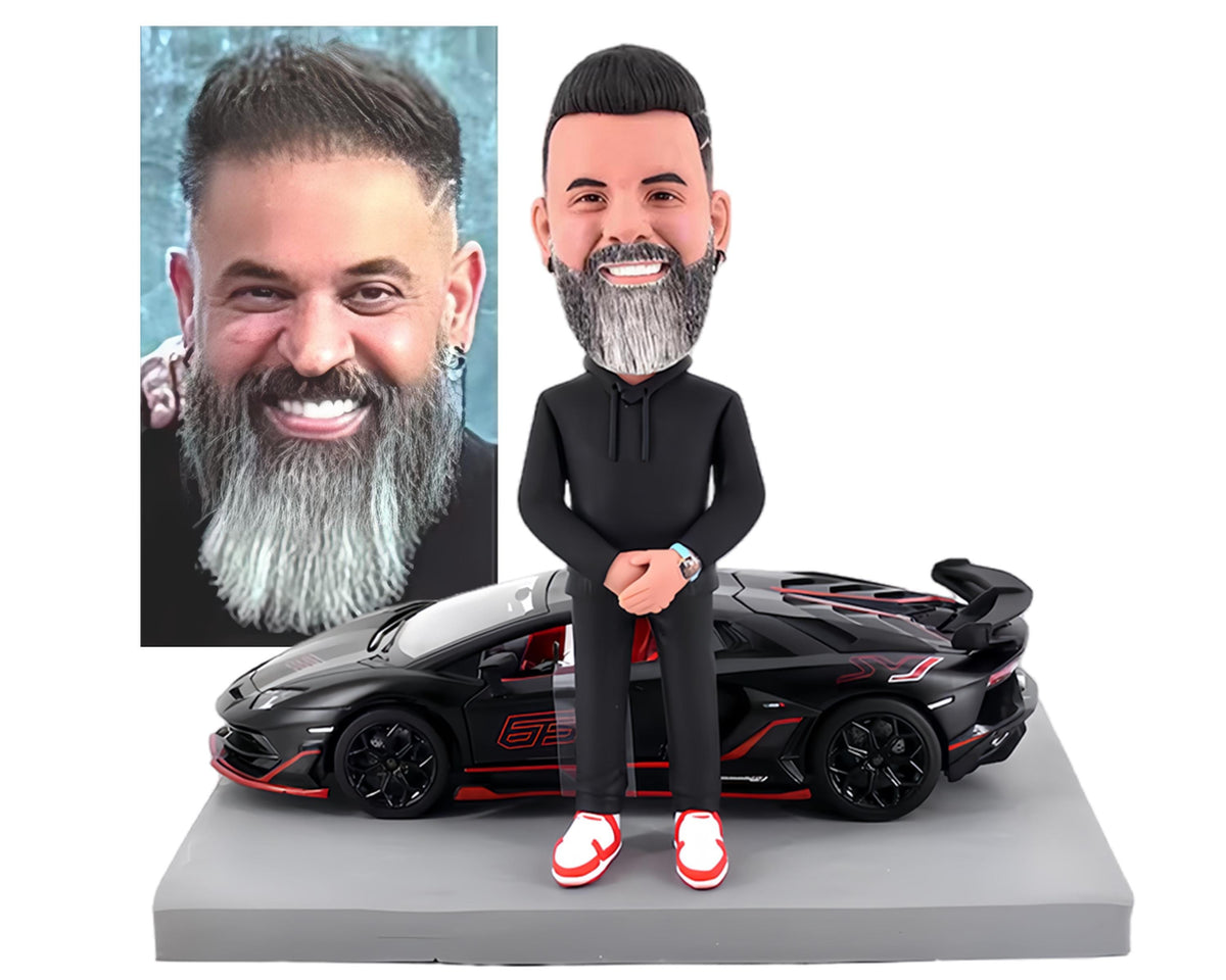 Custom Bobblehead with Lamborghini, Personalized figurine from picture with his car, office/home decor