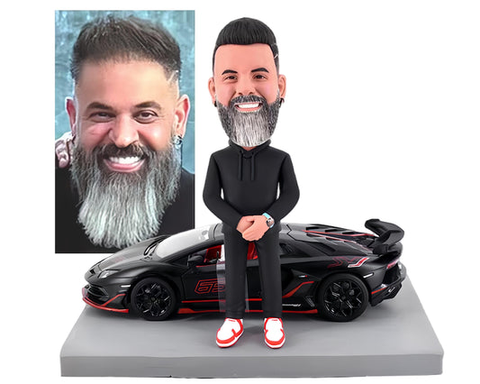 Custom Bobblehead with Lamborghini, Personalized figurine from picture with his car, office/home decor