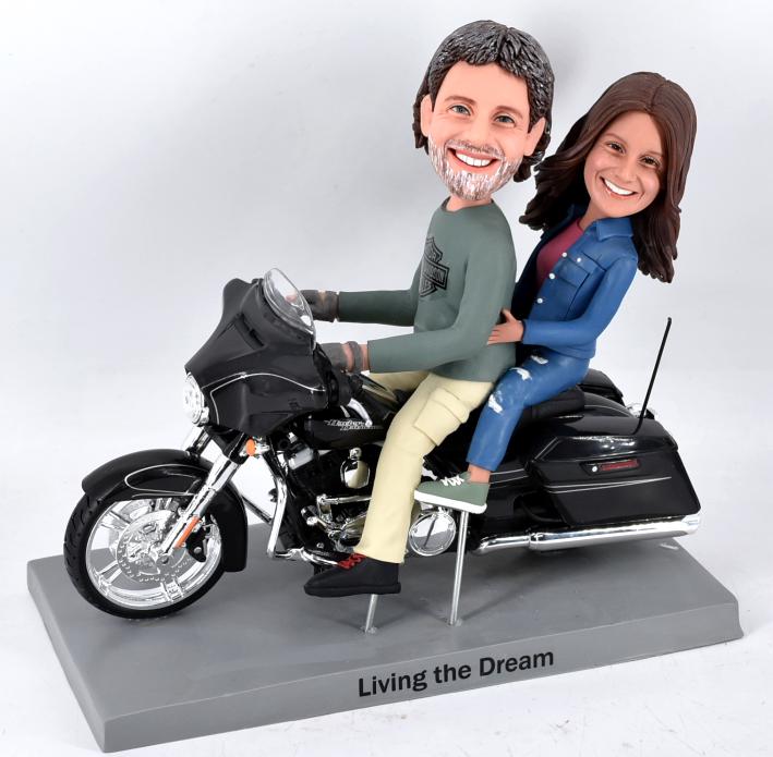 Couple anniversary bobbleheads, motorhead romantic keepsakes, biker wedding cake toppers