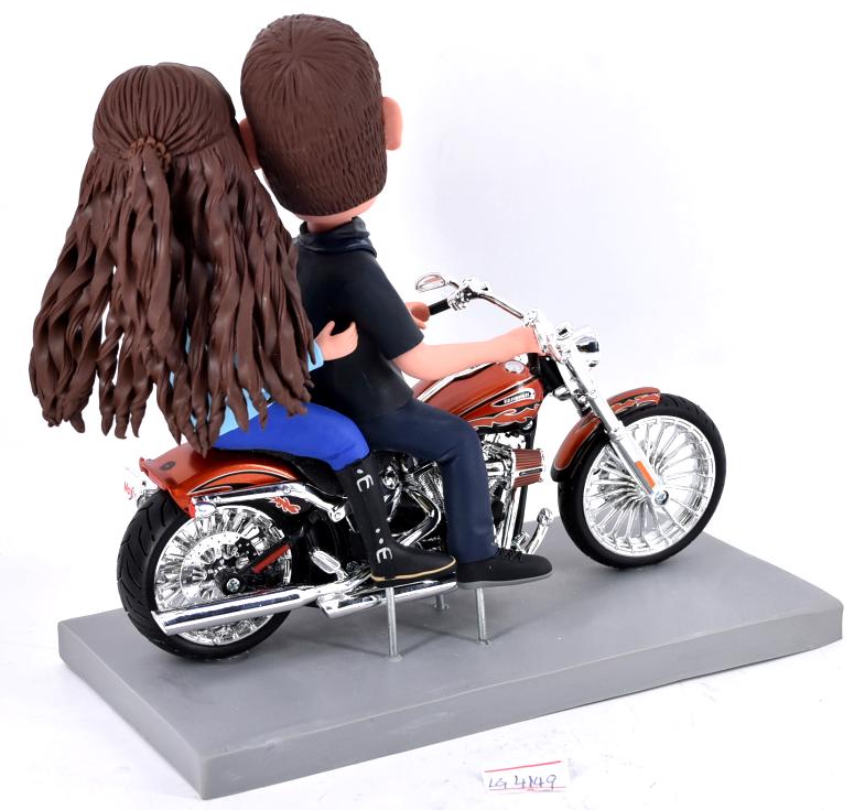 Couple anniversary bobbleheads, motorhead romantic keepsakes, biker wedding cake toppers