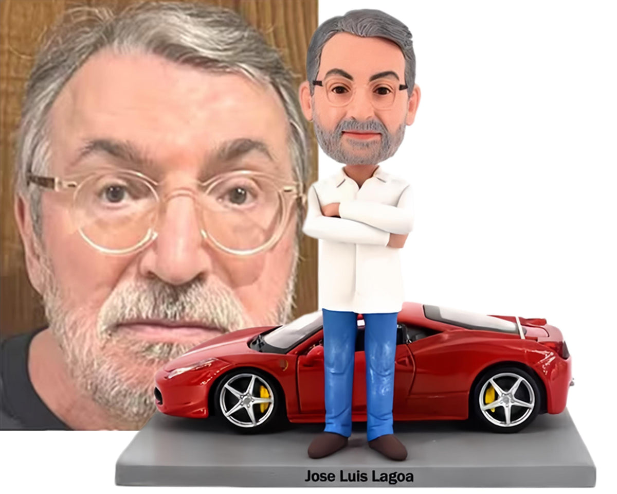 Custom Bobblehead with Corvette C8, Personalized Husband/Boss Figurine with Hyper car, Office/home desk decor