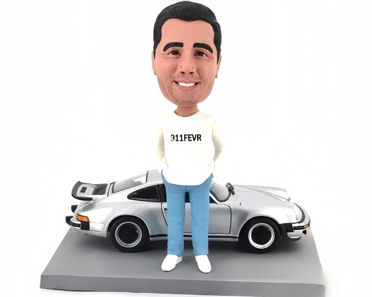 Custom Bobblehead with 911, Handmade car guy figurine from picture with sports car, Birthday/retirement gift for him, office/home decor