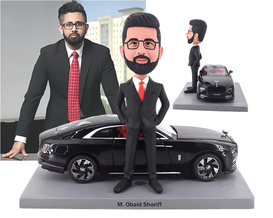 Custom CEO Bobblehead with Luxury Car, Personalized Boss figurine with a Rolls Royce, Office/home decor