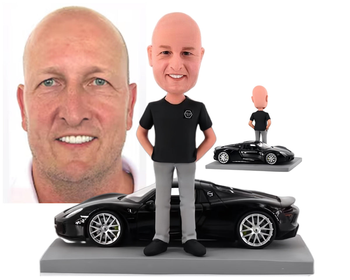 Custom Bobblehead with hyper car, Handmade figurine with dream car, Gift for boss/husband