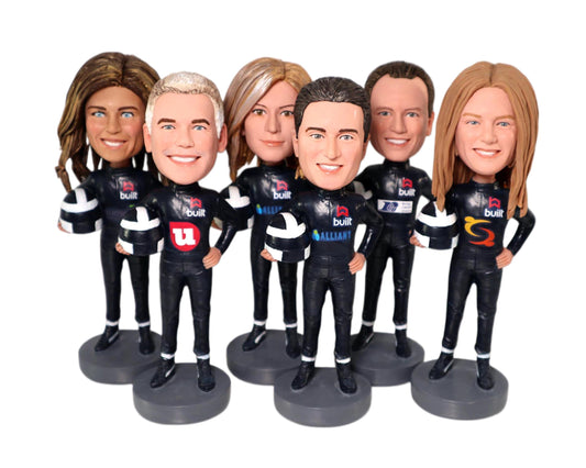 Custom Racer Bobbleheads, Personalized Office team figurines with company logos, Handmade business gift for boss/clients/co-workers