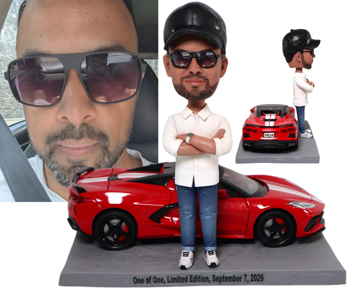 Custom Bobblehead with Corvette C8, Personalized Husband/Boss Figurine with Hyper car, Office/home desk decor