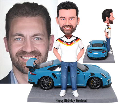 Custom Bobblehead with 911, Personalized Husband/Boss Figurine with Sports Car, Office/home desk decor, Birthday Gift for Him