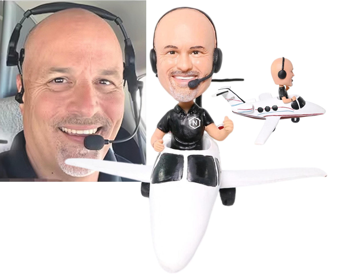 Custom Bobblehead Boss with Private Jet, Personalized Pilot Keepsake, Private Aircraft Owner Figurine, Office/Home desk Decor